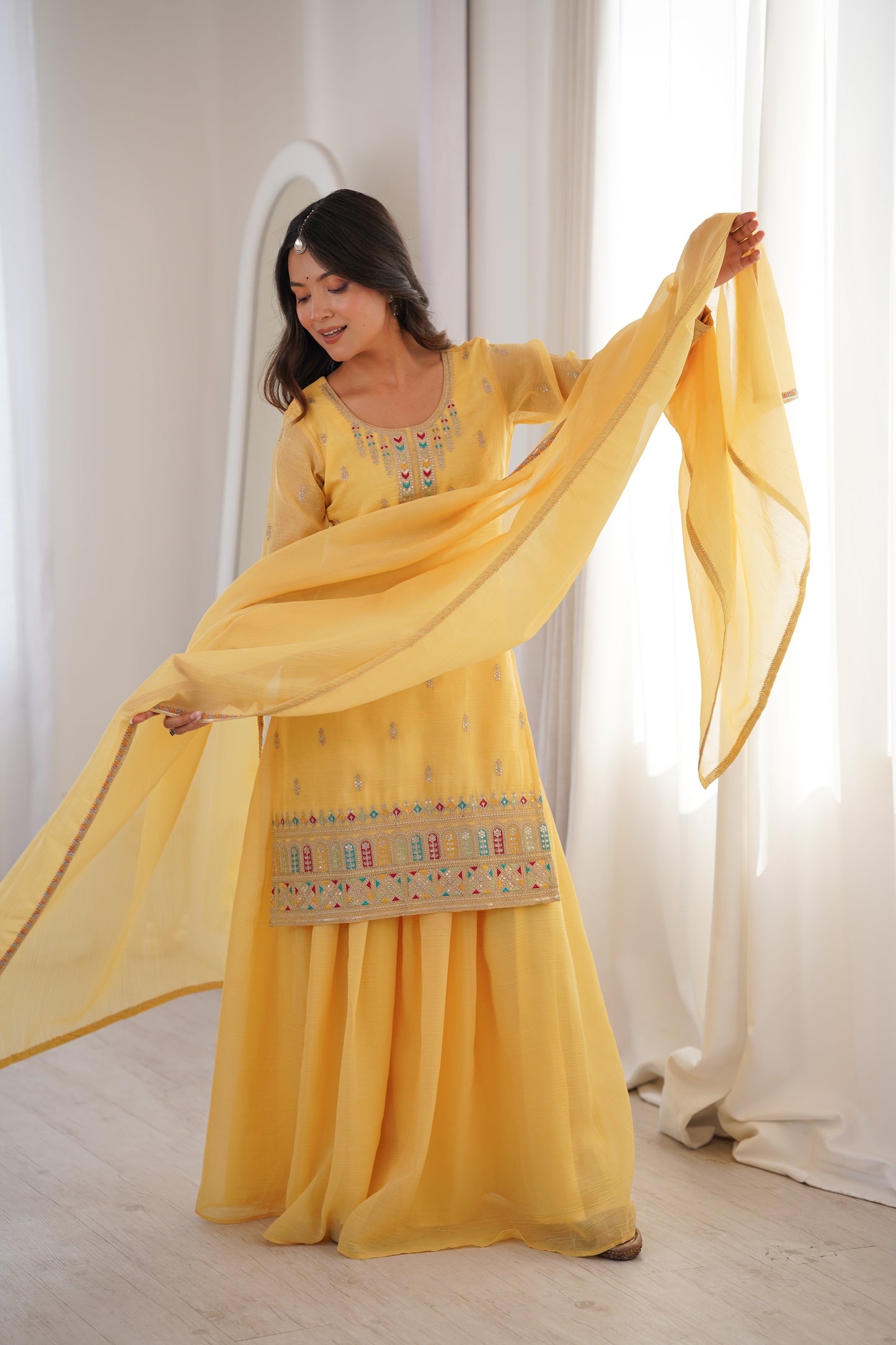 Yellow Crunchy Silk Embroidered Sharara Suit with Dupatta