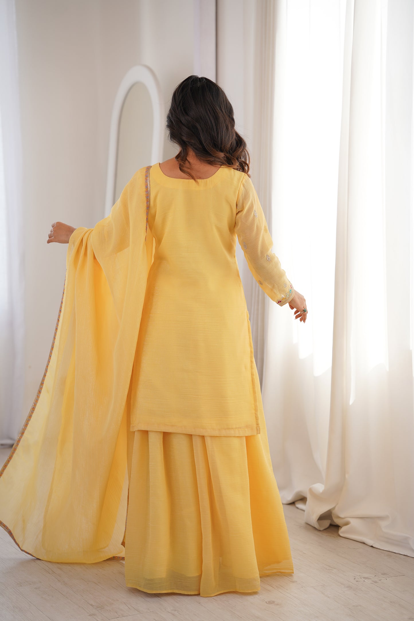 Yellow Crunchy Silk Embroidered Sharara Suit with Dupatta