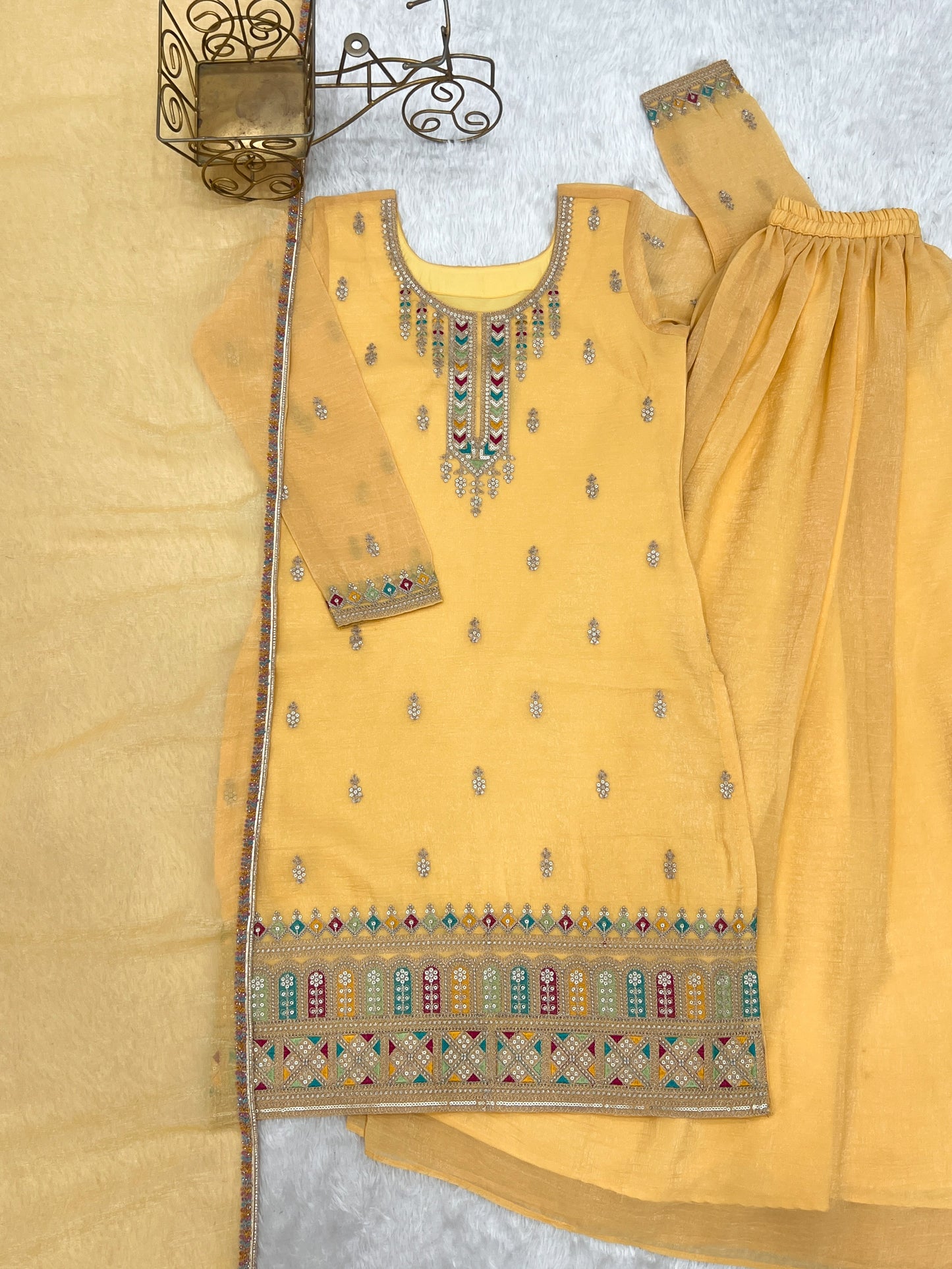 Yellow Crunchy Silk Embroidered Sharara Suit with Dupatta