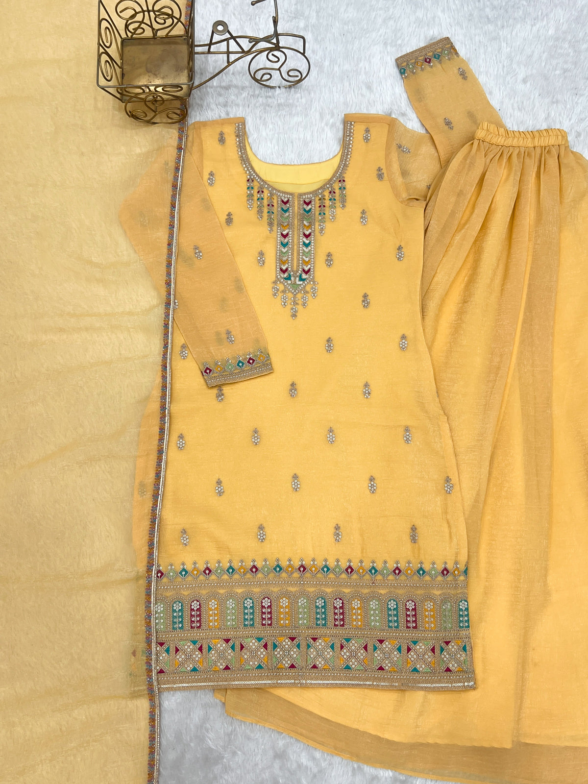 Yellow Crunchy Silk Embroidered Sharara Suit with Dupatta