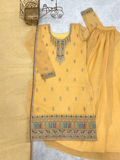 Yellow Crunchy Silk Embroidered Sharara Suit with Dupatta