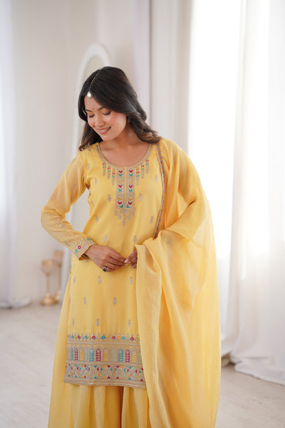 Yellow Crunchy Silk Embroidered Sharara Suit with Dupatta