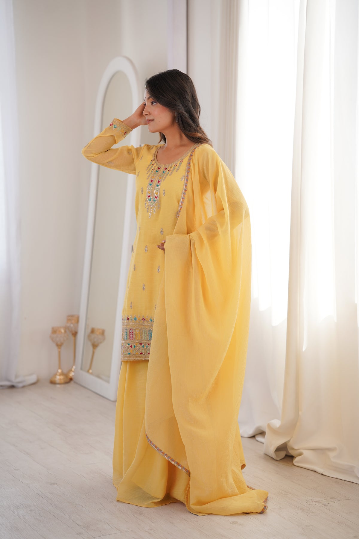 Yellow Crunchy Silk Embroidered Sharara Suit with Dupatta