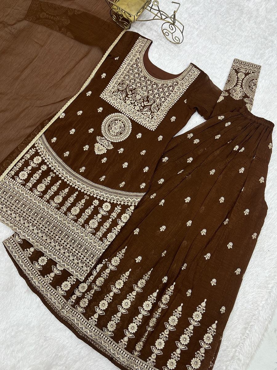 Chocolate Brown Crunchy Silk Embroidered Sharara Set