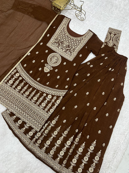 Chocolate Brown Crunchy Silk Embroidered Sharara Set