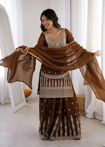 Chocolate Brown Crunchy Silk Embroidered Sharara Set