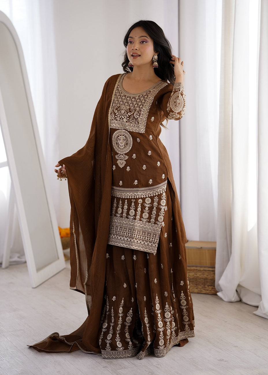 Chocolate Brown Crunchy Silk Embroidered Sharara Set
