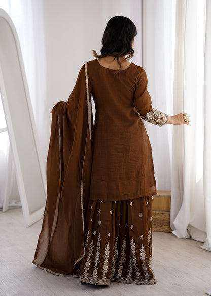 Chocolate Brown Crunchy Silk Embroidered Sharara Set
