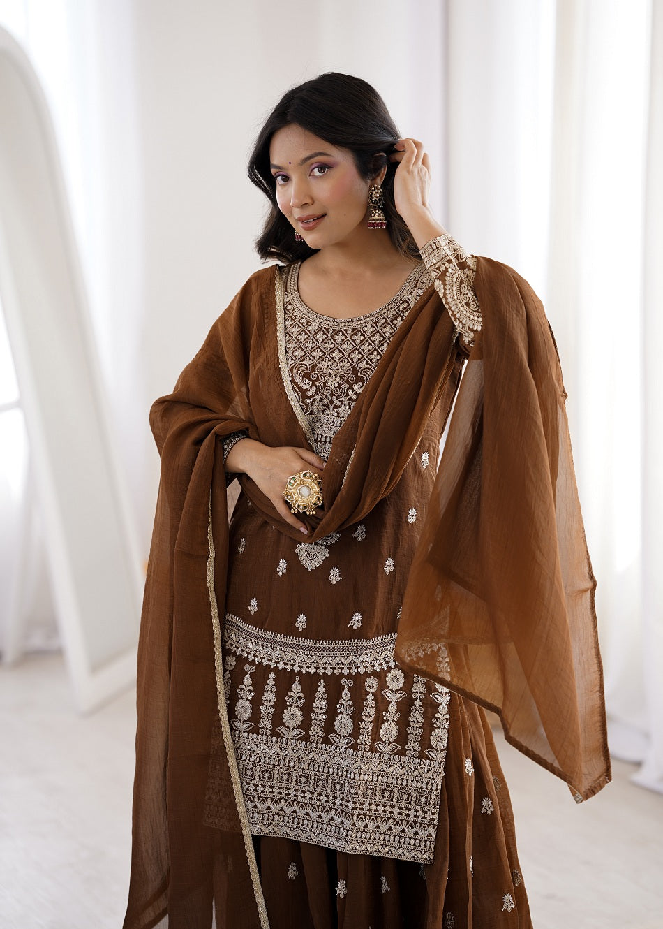 Chocolate Brown Crunchy Silk Embroidered Sharara Set