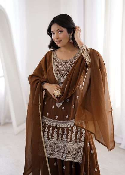 Chocolate Brown Crunchy Silk Embroidered Sharara Set