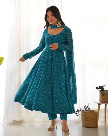 Teal Blue Laheriya Print Fox Georgette Anarkali Set