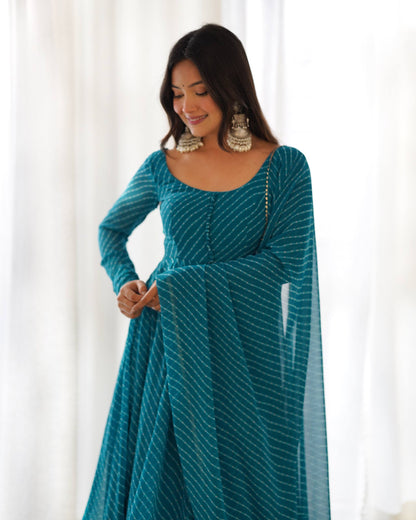 Teal Blue Laheriya Print Fox Georgette Anarkali Set