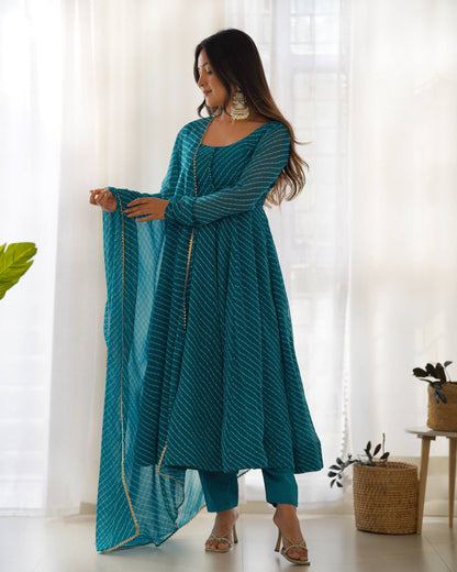 Teal Blue Laheriya Print Fox Georgette Anarkali Set
