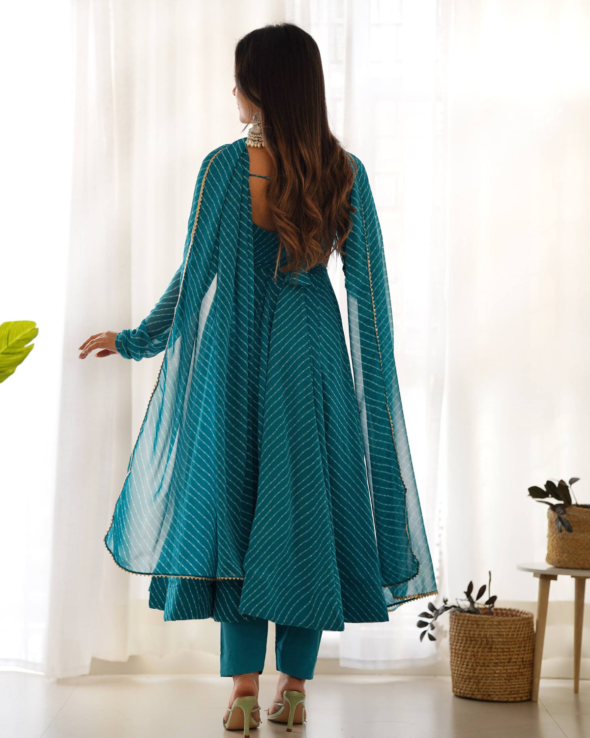 Teal Blue Laheriya Print Fox Georgette Anarkali Set