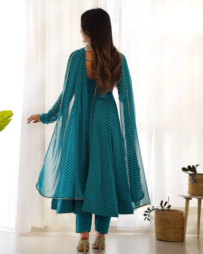 Teal Blue Laheriya Print Fox Georgette Anarkali Set