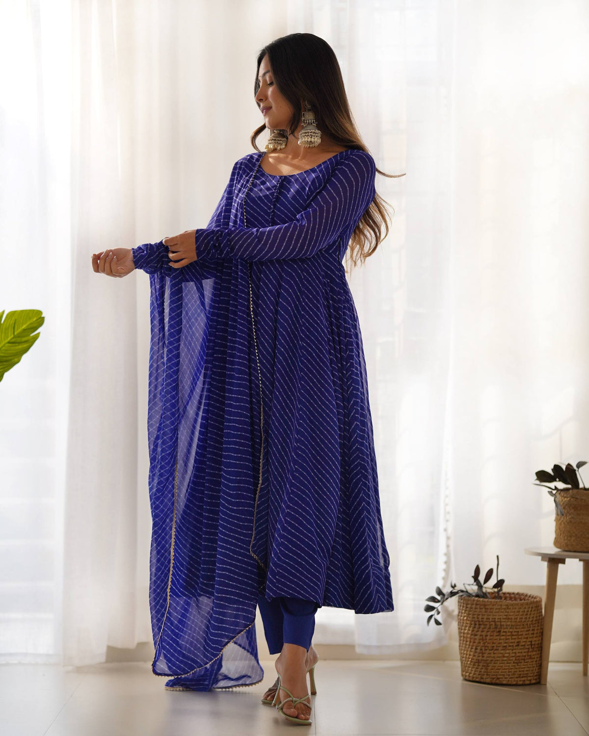 Blue Laheriya Print Fox Georgette Anarkali Set
