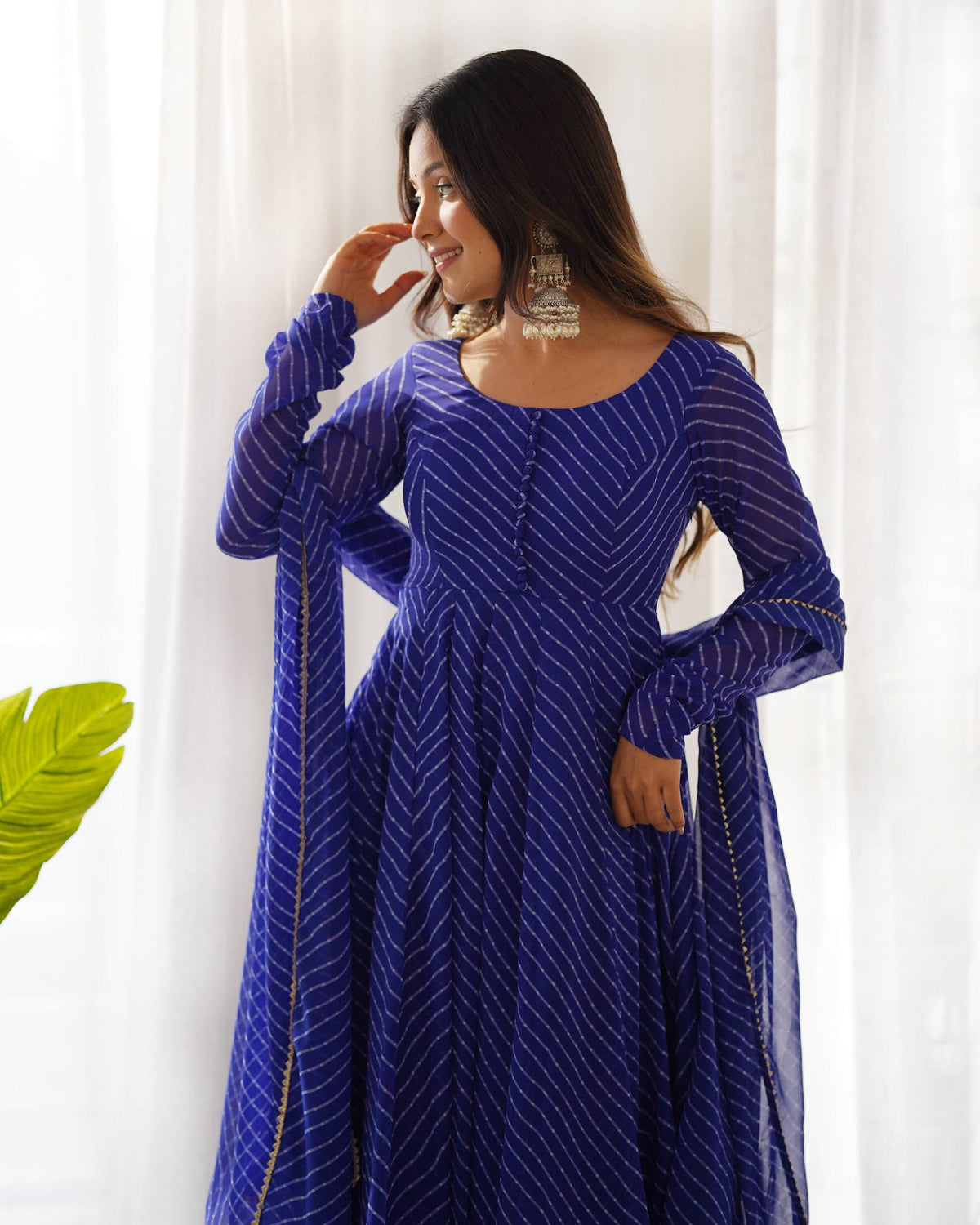 Blue Laheriya Print Fox Georgette Anarkali Set