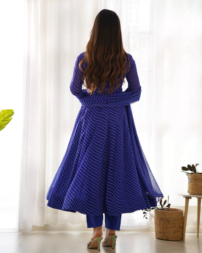 Blue Laheriya Print Fox Georgette Anarkali Set