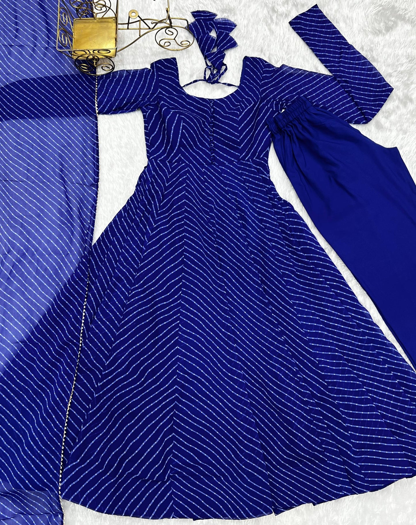 Blue Laheriya Print Fox Georgette Anarkali Set