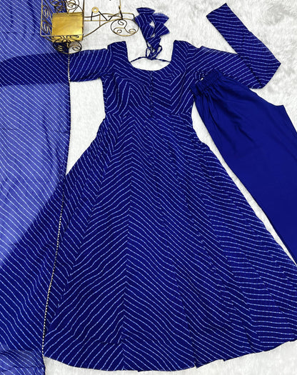 Blue Laheriya Print Fox Georgette Anarkali Set