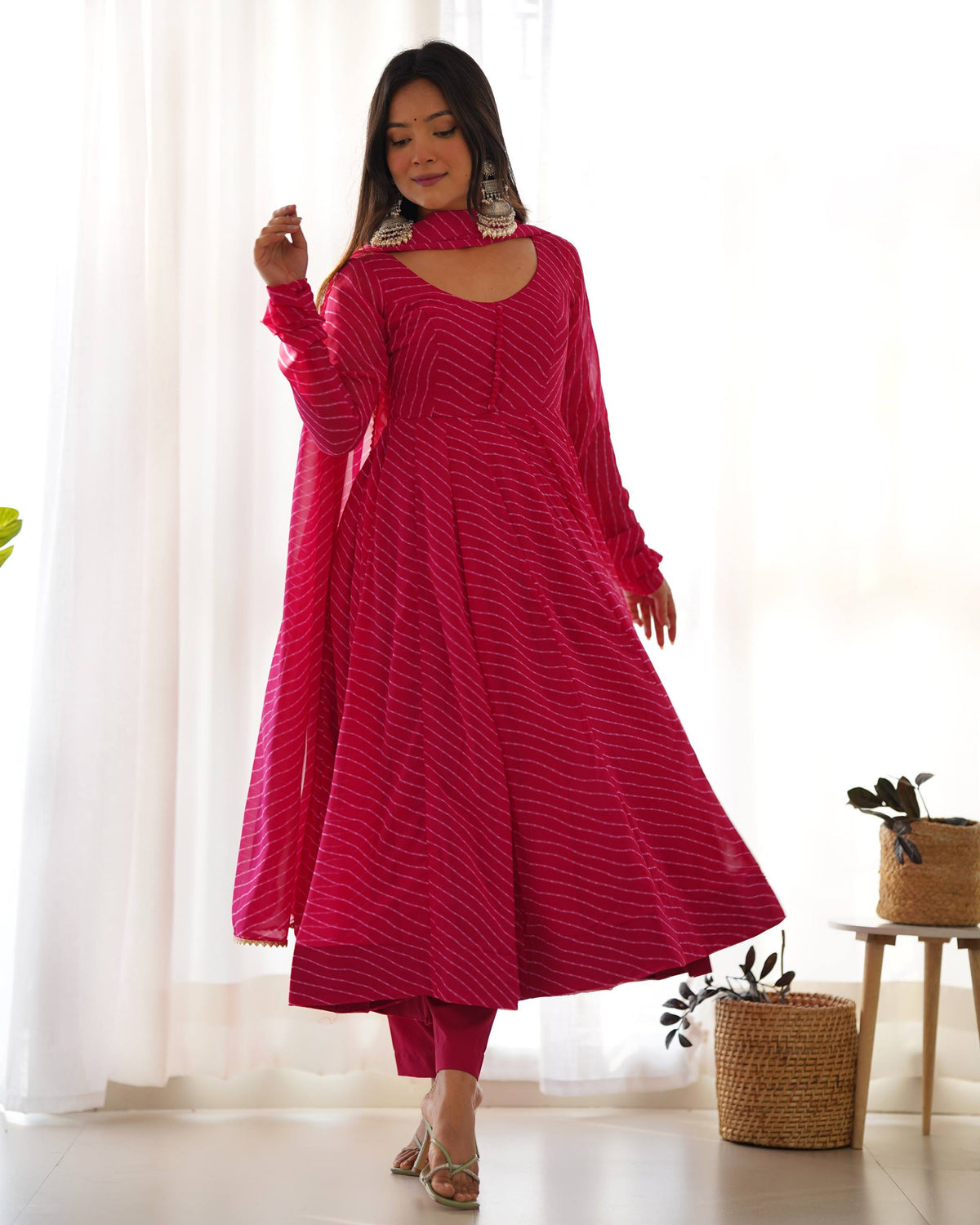 pink Laheriya Print Fox Georgette Anarkali Set