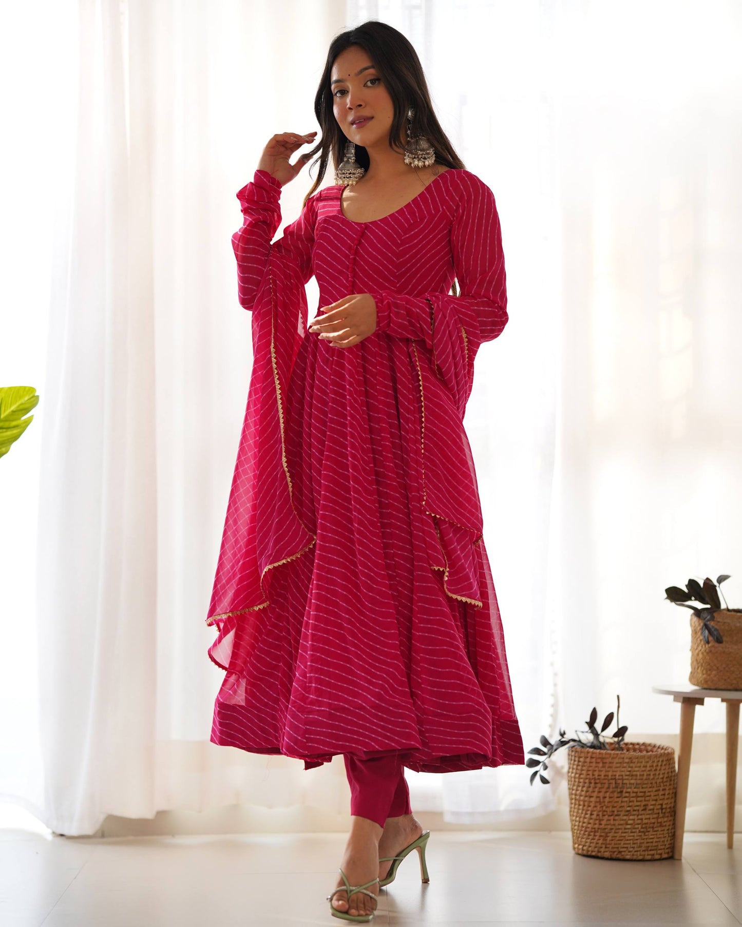 pink Laheriya Print Fox Georgette Anarkali Set