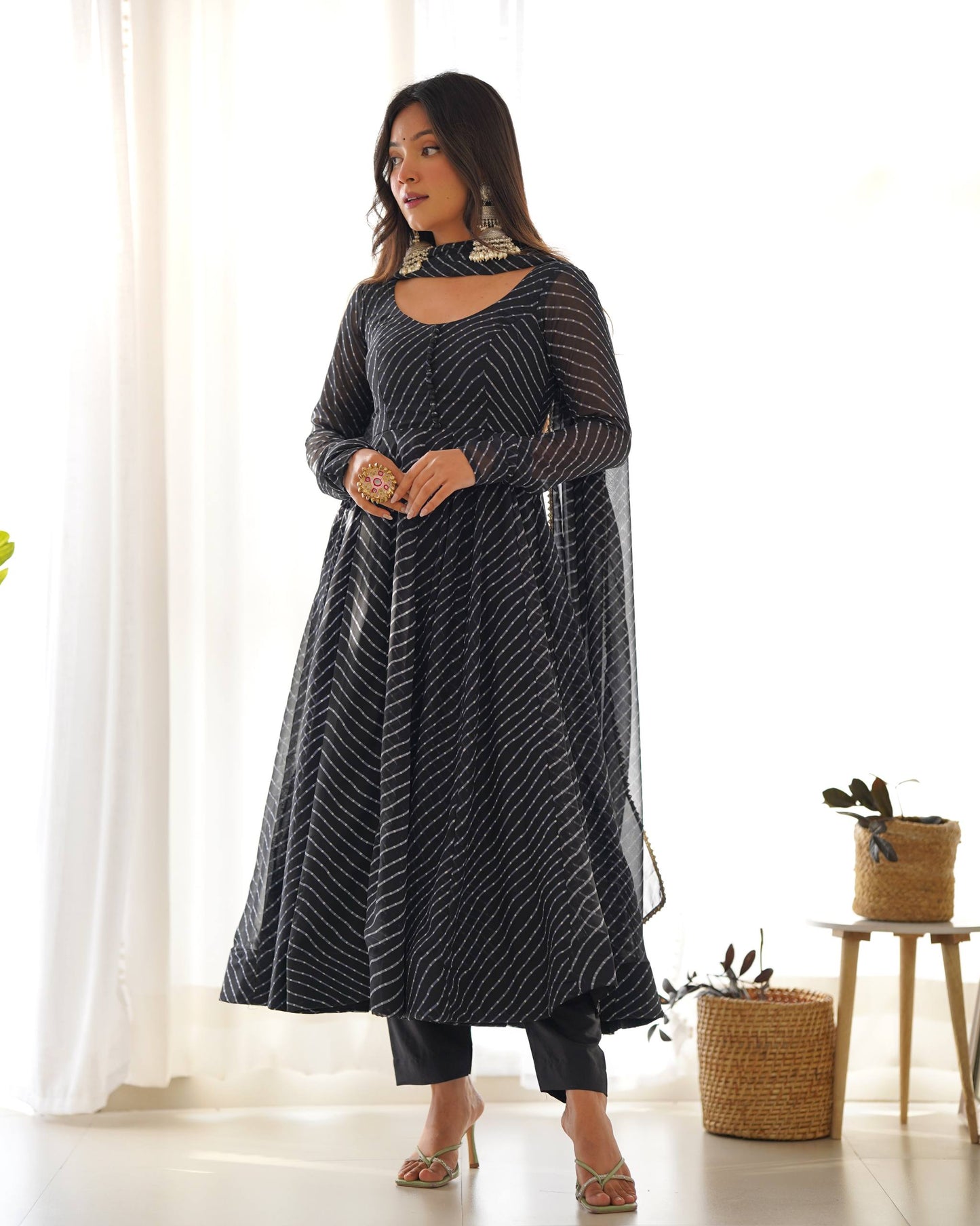 Black Laheriya Print Fox Georgette Anarkali Set