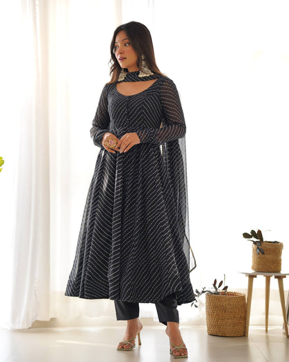 Black Laheriya Print Fox Georgette Anarkali Set