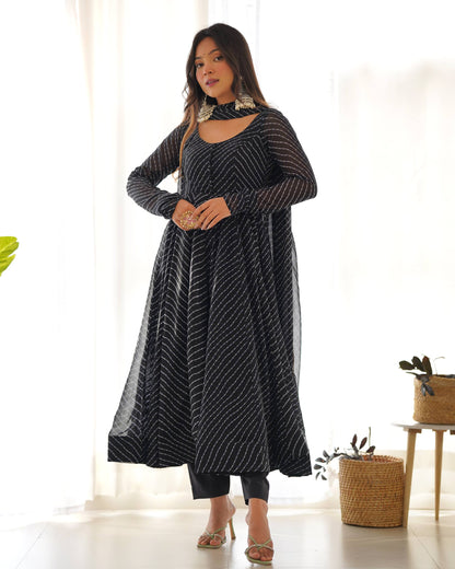 Black Laheriya Print Fox Georgette Anarkali Set
