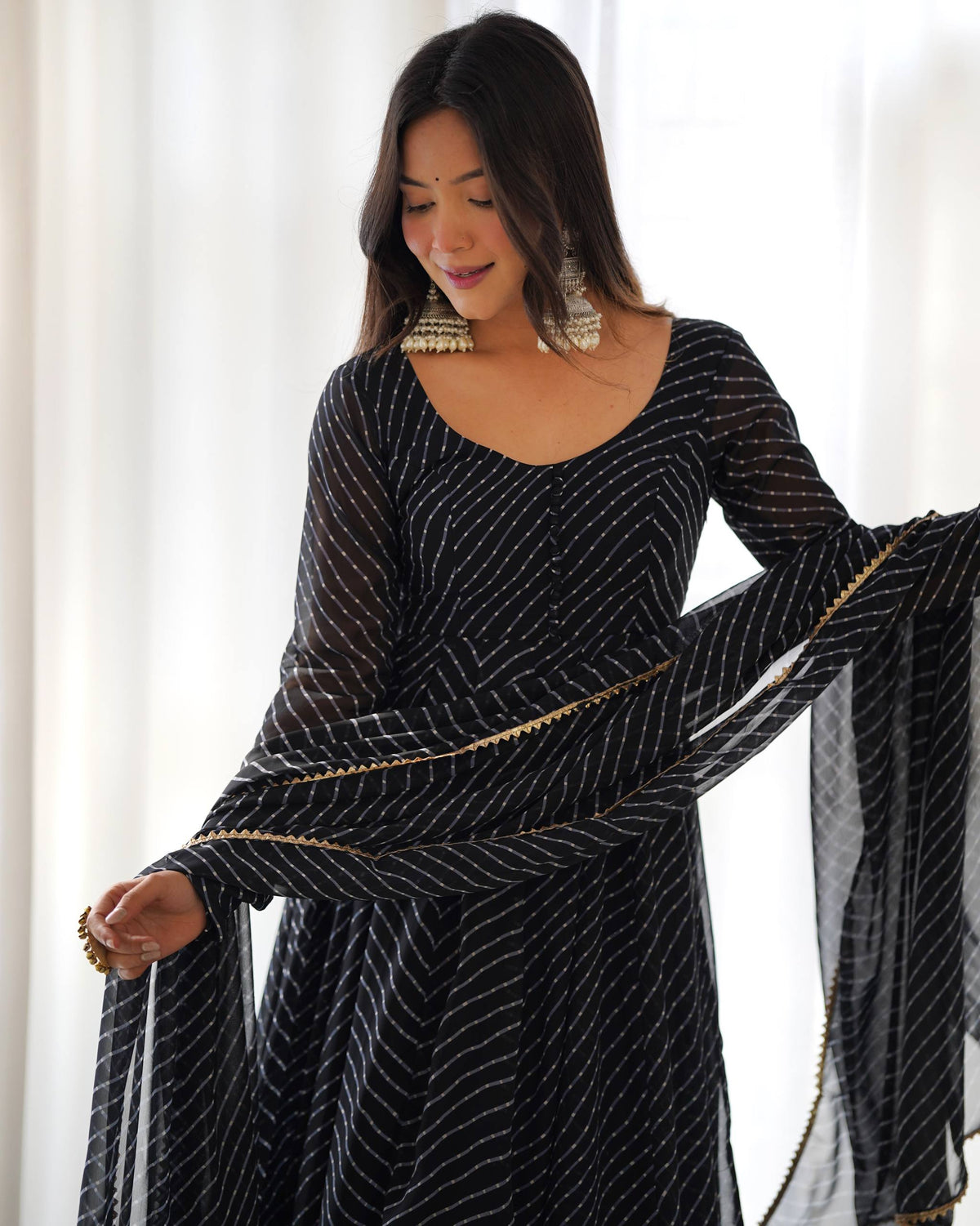 Black Laheriya Print Fox Georgette Anarkali Set
