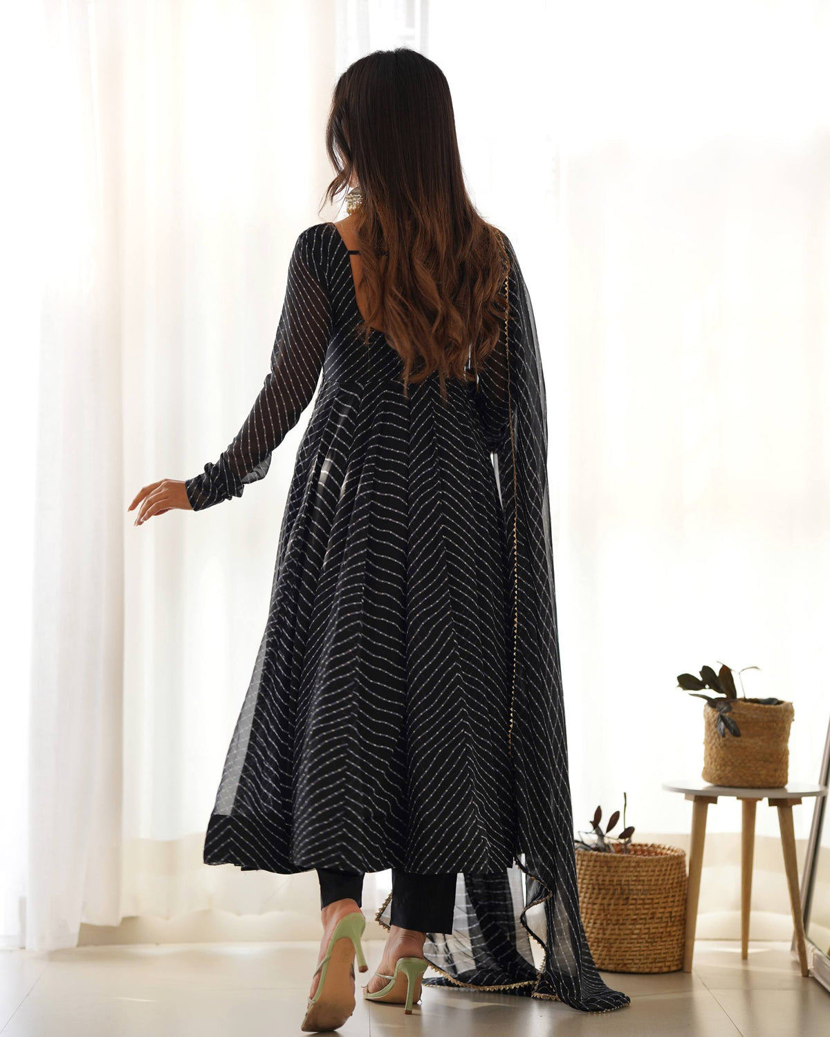 Black Laheriya Print Fox Georgette Anarkali Set