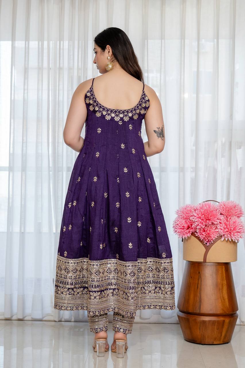 Purple Vichitra Silk Embroidered Anarkali Gown Set