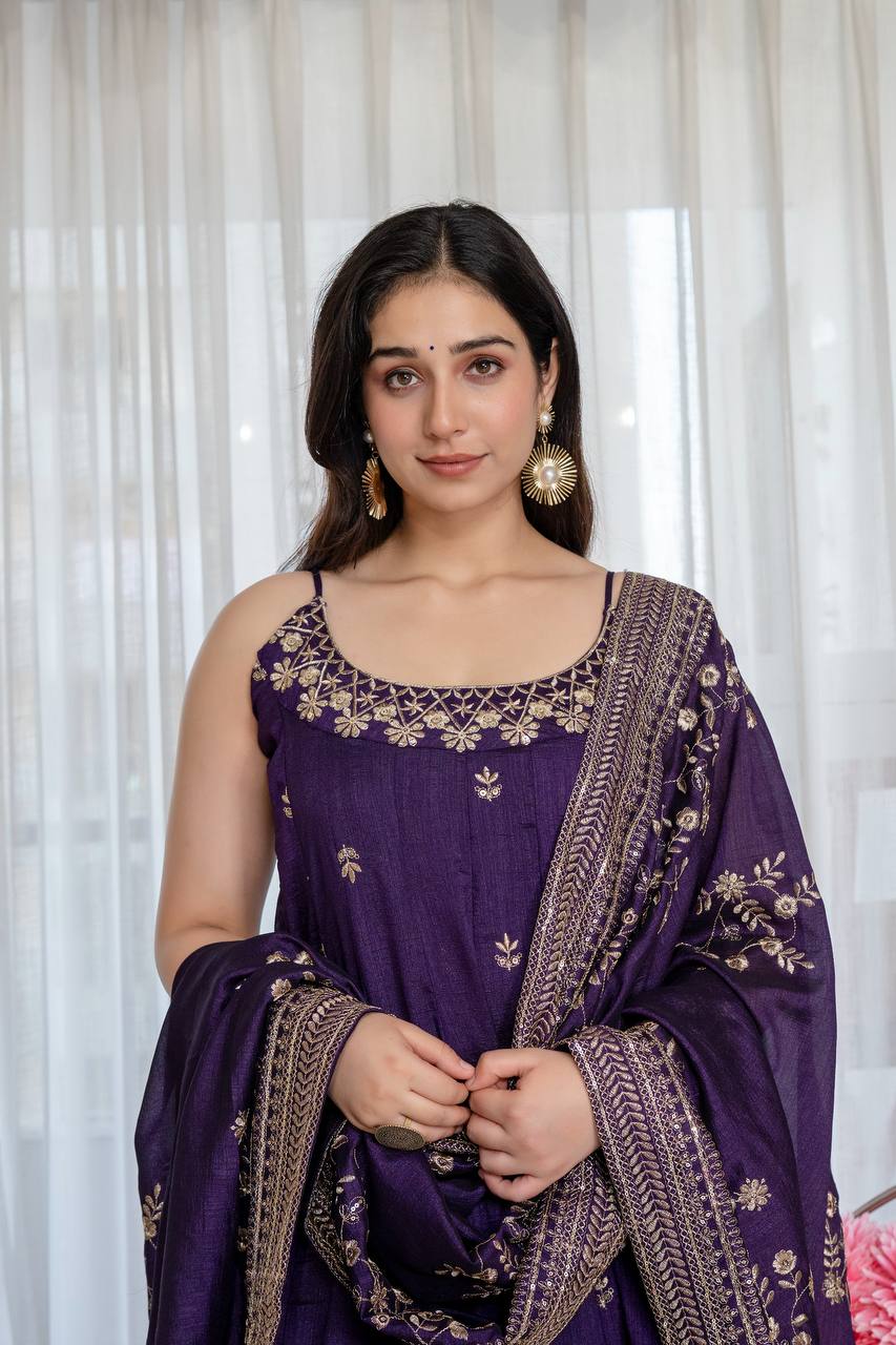 Purple Vichitra Silk Embroidered Anarkali Gown Set