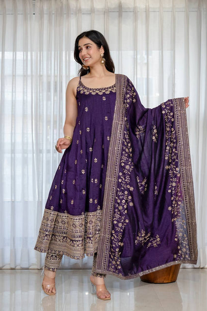 Purple Vichitra Silk Embroidered Anarkali Gown Set