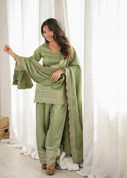 Sage Green Glass Roman Silk Embroidered Farshi Suit Set