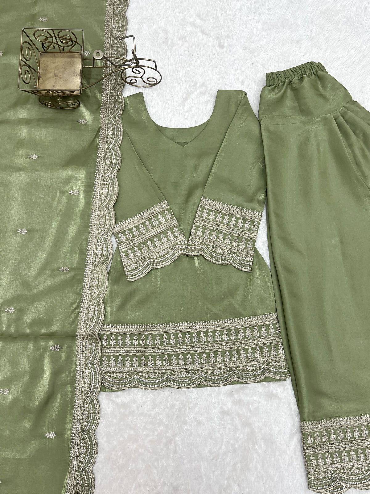 Sage Green Glass Roman Silk Embroidered Farshi Suit Set