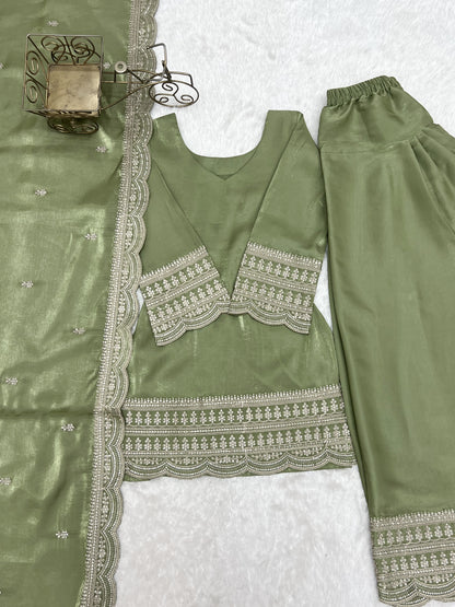 Sage Green Glass Roman Silk Embroidered Farshi Suit Set