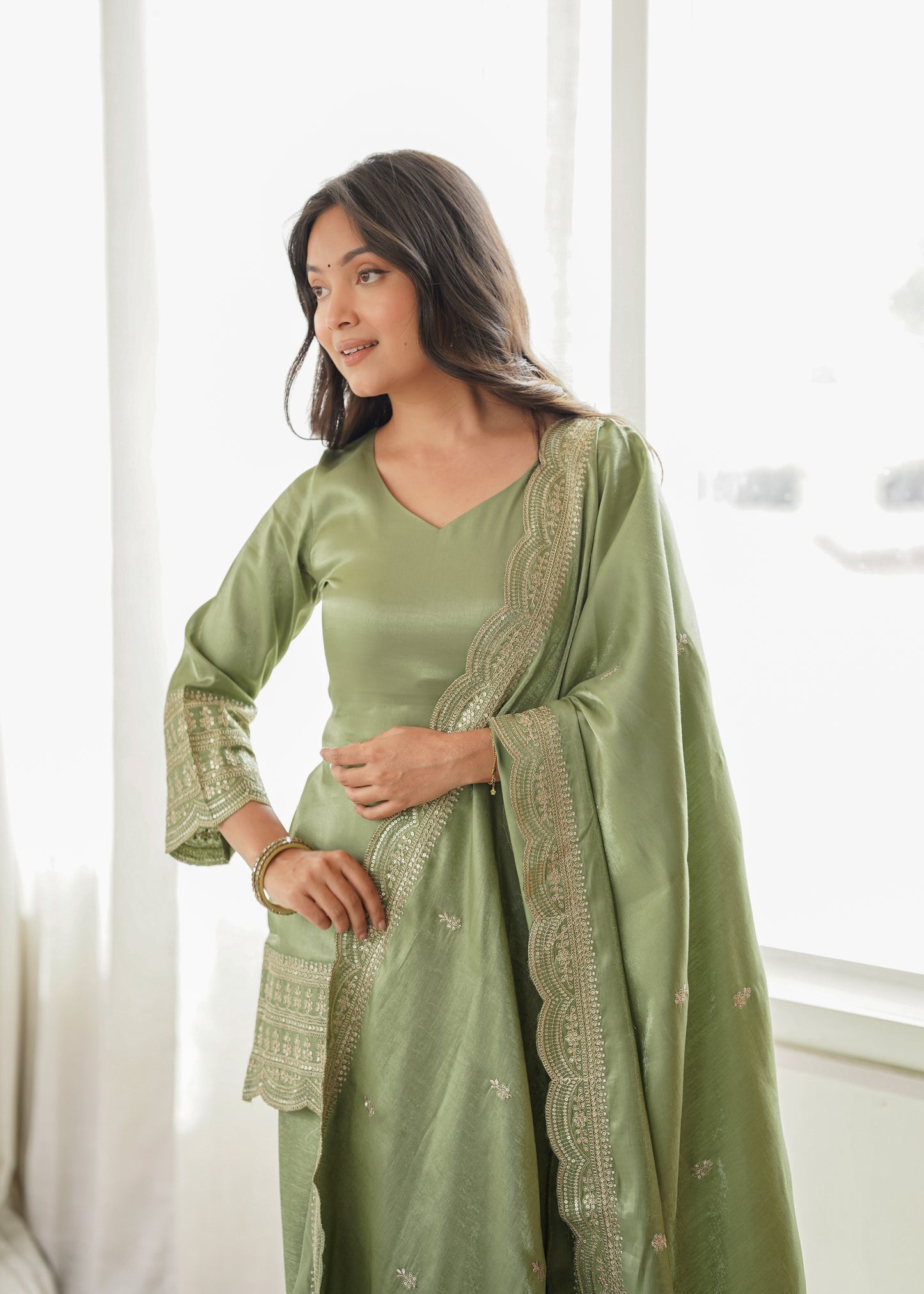 Sage Green Glass Roman Silk Embroidered Farshi Suit Set