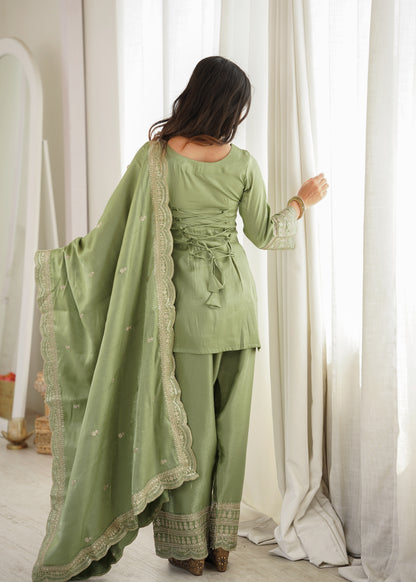 Sage Green Glass Roman Silk Embroidered Farshi Suit Set