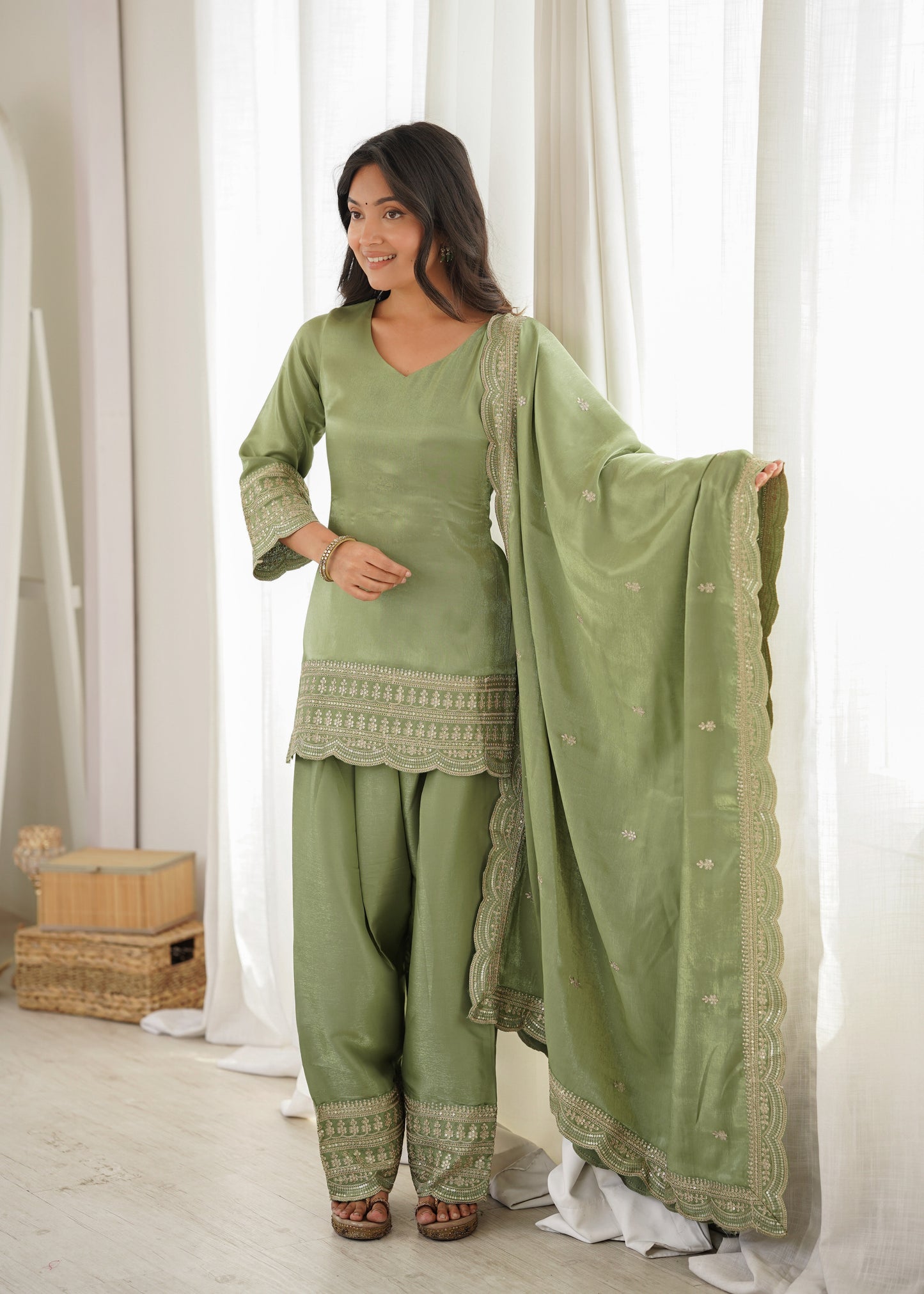 Sage Green Glass Roman Silk Embroidered Farshi Suit Set