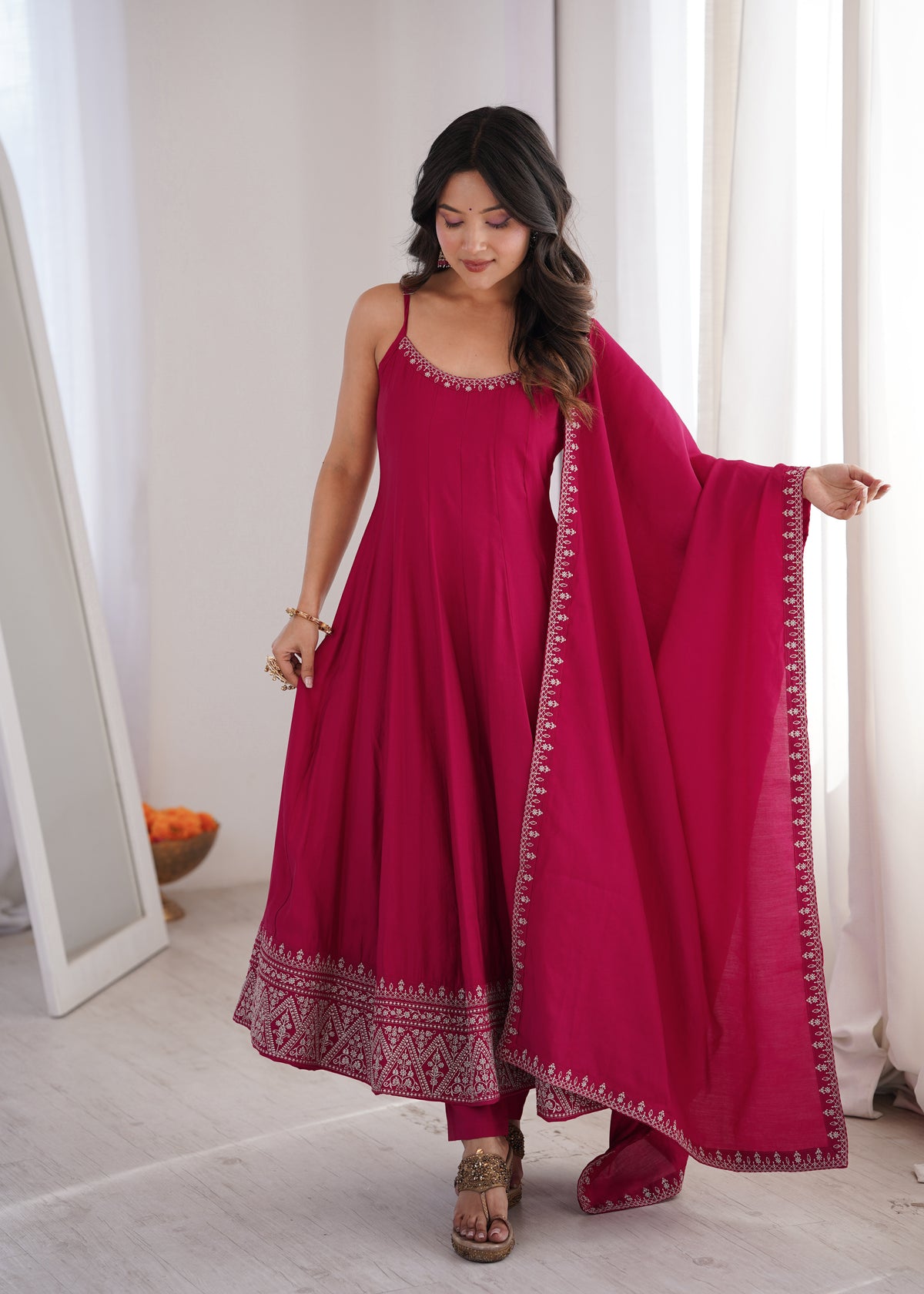 Pink Roman Silk Chanderi Embroidered Anarkali Suit with Shawl Dupatta