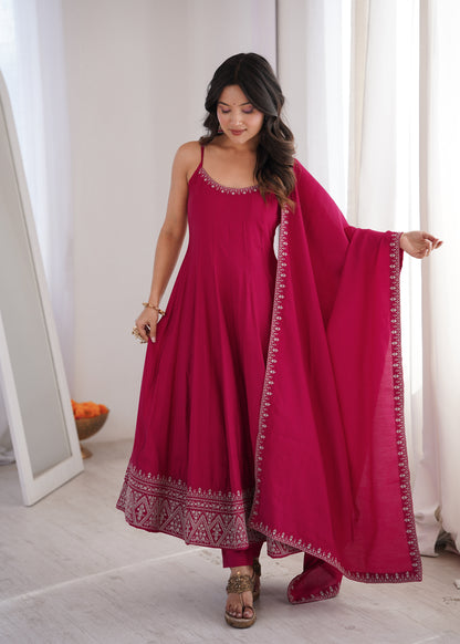 Pink Roman Silk Chanderi Embroidered Anarkali Suit with Shawl Dupatta
