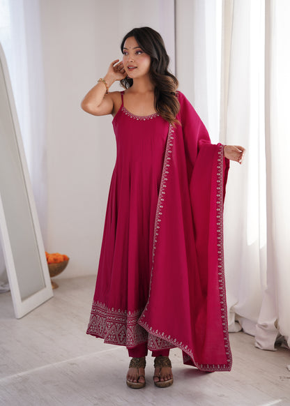 Pink Roman Silk Chanderi Embroidered Anarkali Suit with Shawl Dupatta