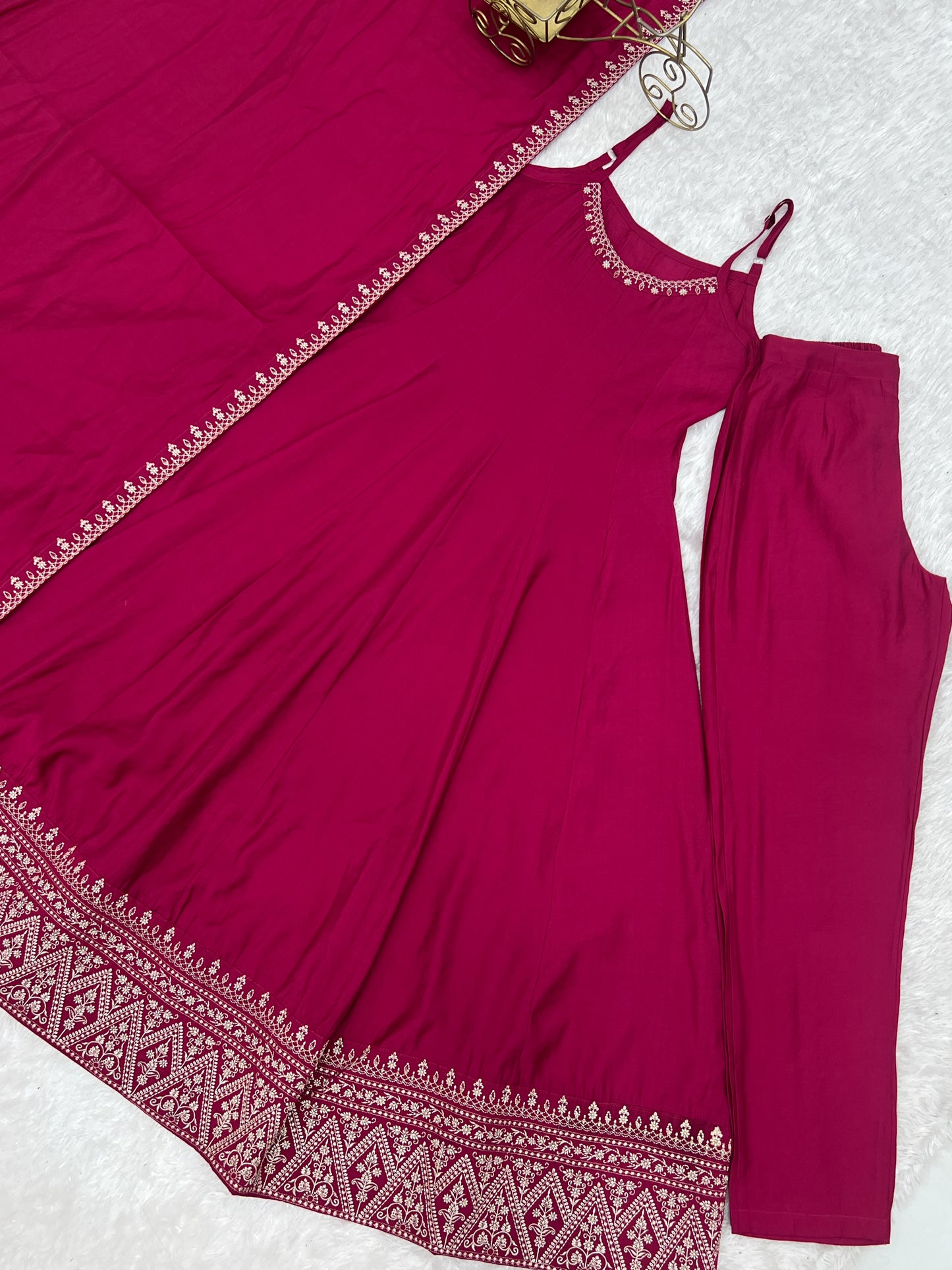 Pink Roman Silk Chanderi Embroidered Anarkali Suit with Shawl Dupatta