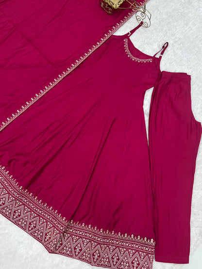 Pink Roman Silk Chanderi Embroidered Anarkali Suit with Shawl Dupatta