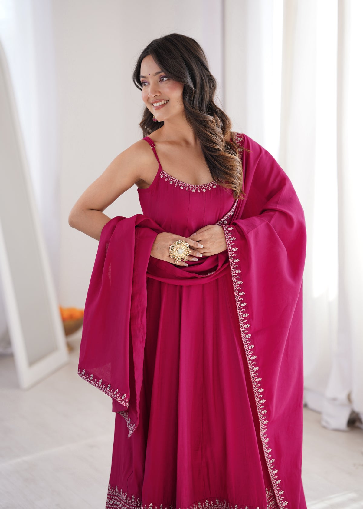 Pink Roman Silk Chanderi Embroidered Anarkali Suit with Shawl Dupatta