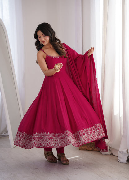 Pink Roman Silk Chanderi Embroidered Anarkali Suit with Shawl Dupatta