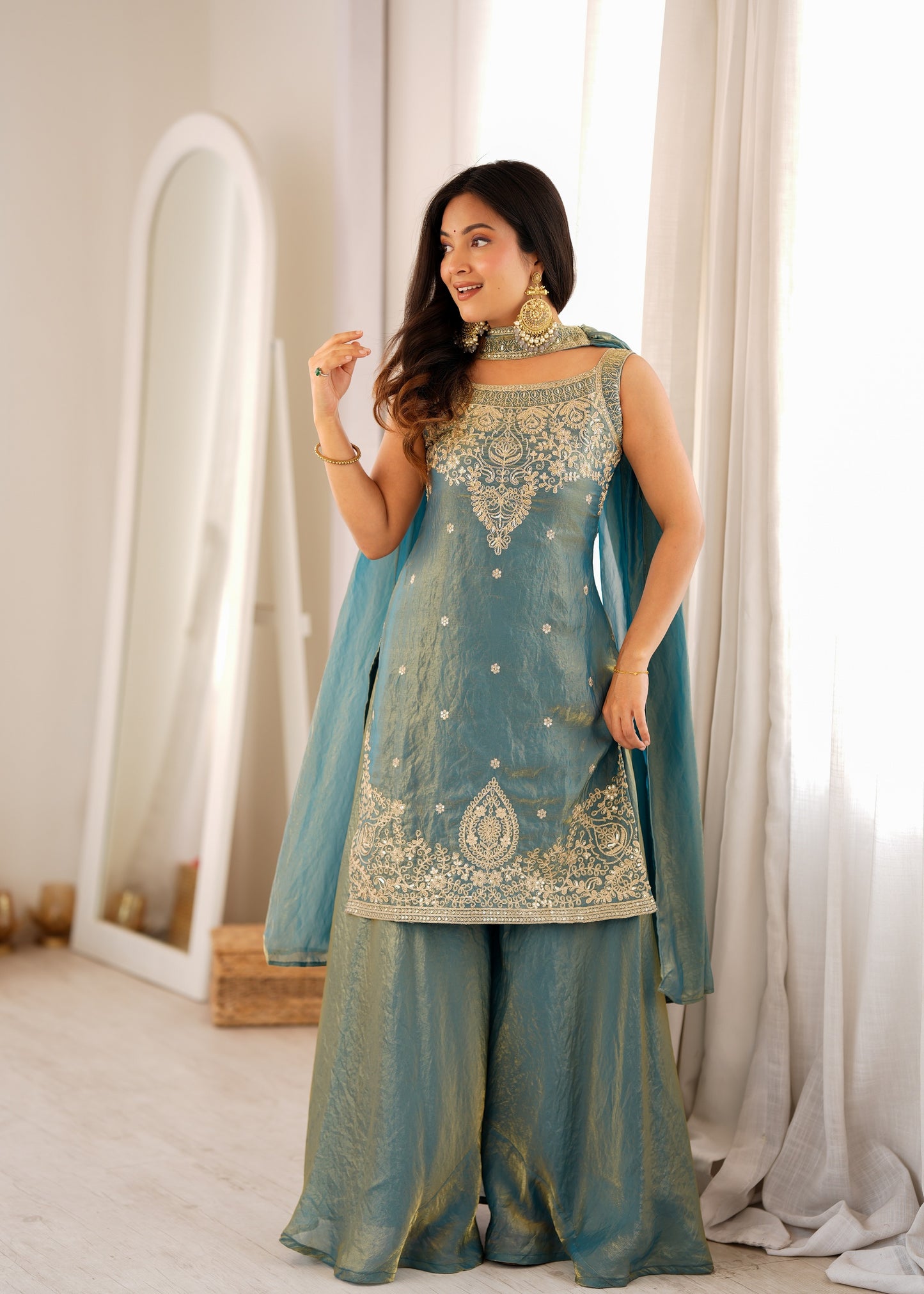 Teal Fendy Silk Embroidered Sharara Suit with Belt Dupatta