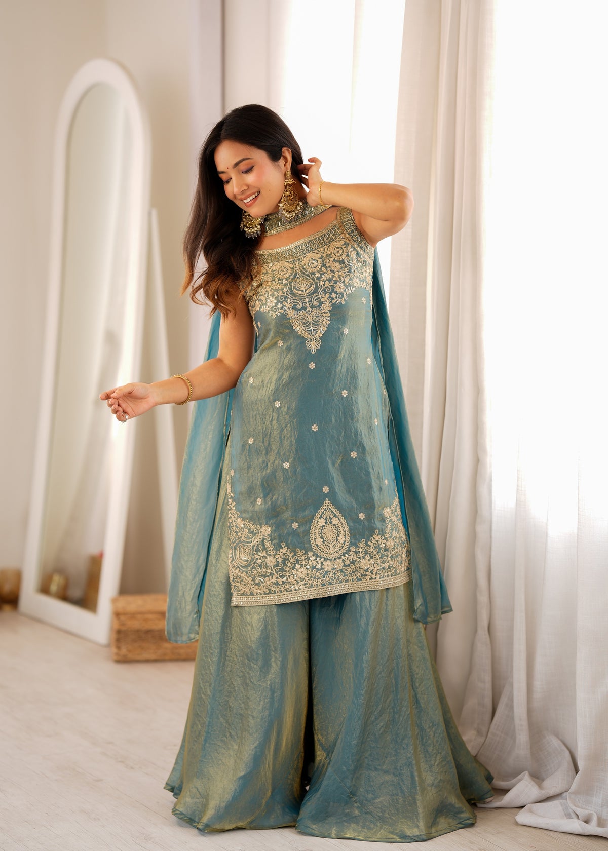 Teal Fendy Silk Embroidered Sharara Suit with Belt Dupatta