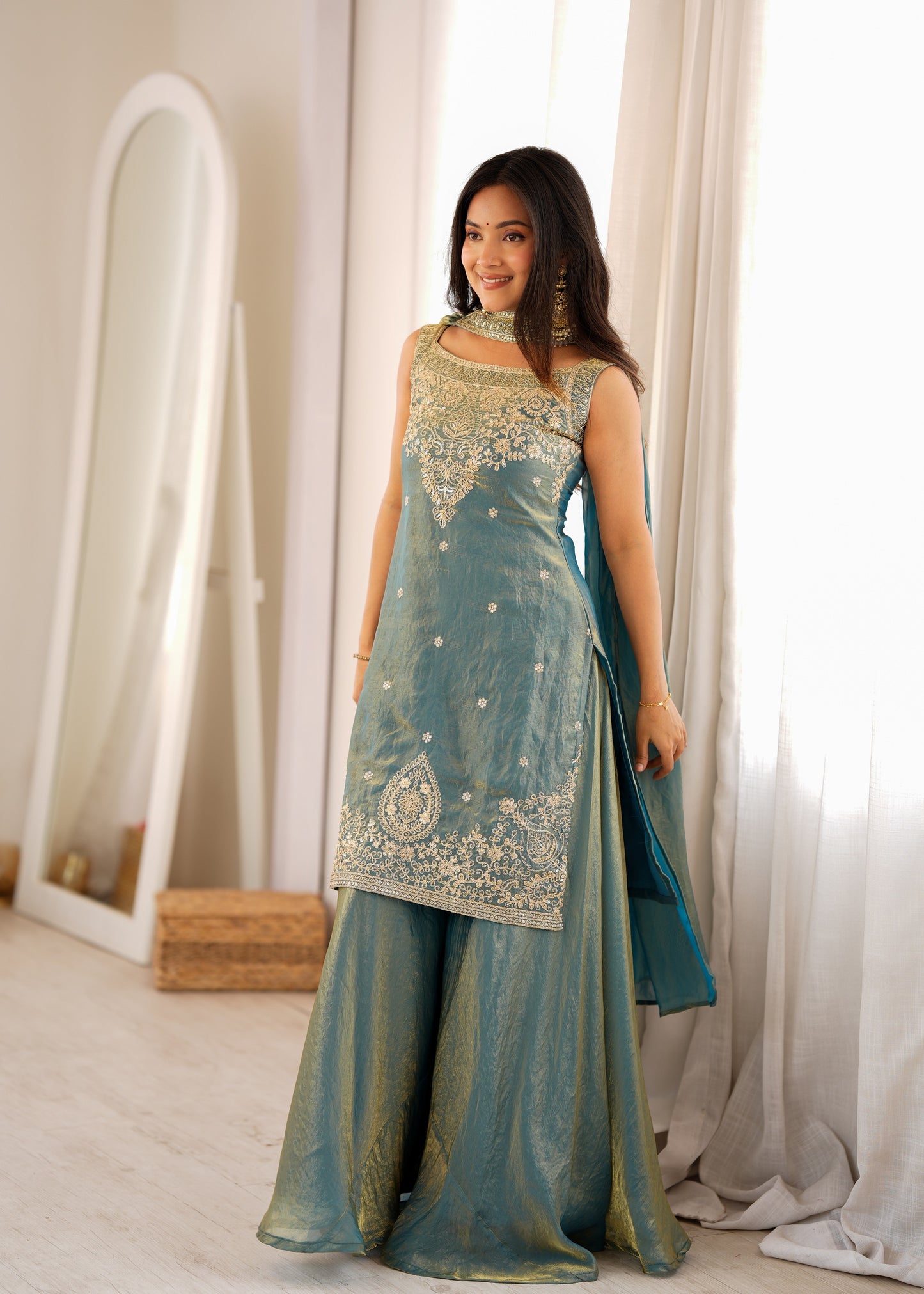 Teal Fendy Silk Embroidered Sharara Suit with Belt Dupatta